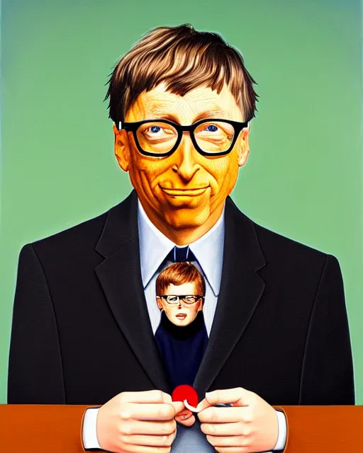 Image similar to a realistic detailed portrait of bill gates eating a microchip, painting by magritte