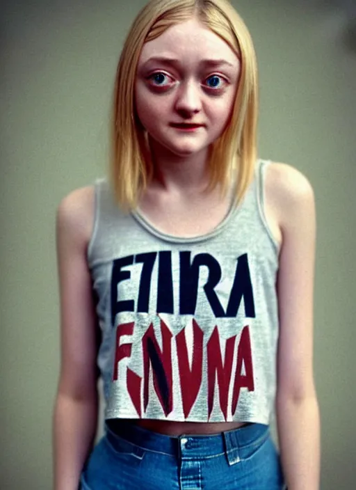 Image similar to aged film still taken of Dakota Fanning dressed in a Nirvana tank-top and blue short shorts while she thinks about her impending death amusingly. soft skin. smooth skin. soft feminine facial features. Pinterest filter. complex detail added after taking the film still at 16K resolution. amazingly epic visuals. epically luminous image. amazing lighting effect, image looks gorgeously crisp as far as it's visual fidelity goes, absolutely outstanding image. perfect film clarity. amazing film quality. iridescent image lighting. Criterion collection. gloriously cold atmosphere. mega-beautiful pencil image shadowing. beautiful face. 16k upscaled image. soft image shading. soft image texture. intensely beautiful image. large format picture. it's a great portrait of the highest quality. Great Pinterest photo. masterfully lit.