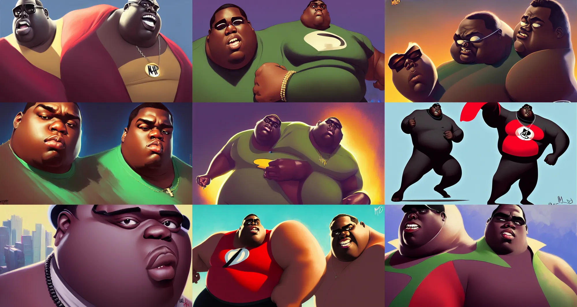 Prompt: the notorious b. i. g. as mr incredible from the incredibles, animation pixar style, shaded lighting poster by magali villeneuve, artgerm, jeremy lipkin and michael garmash, rob rey and kentaro miura style, trending on art station