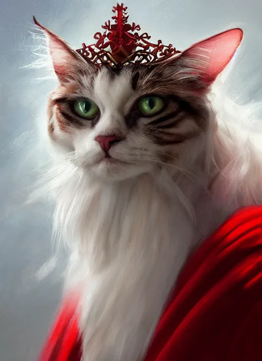 Prompt: side profile of a white and brown ragdoll cat king wearing a crown and red cape, fantasy, digital painting, volumetric light, intricate, sharp, focus, bloom, illustration, highly detailed, concept art, matte, ruan jia, randy vargas, greg rutkowski
