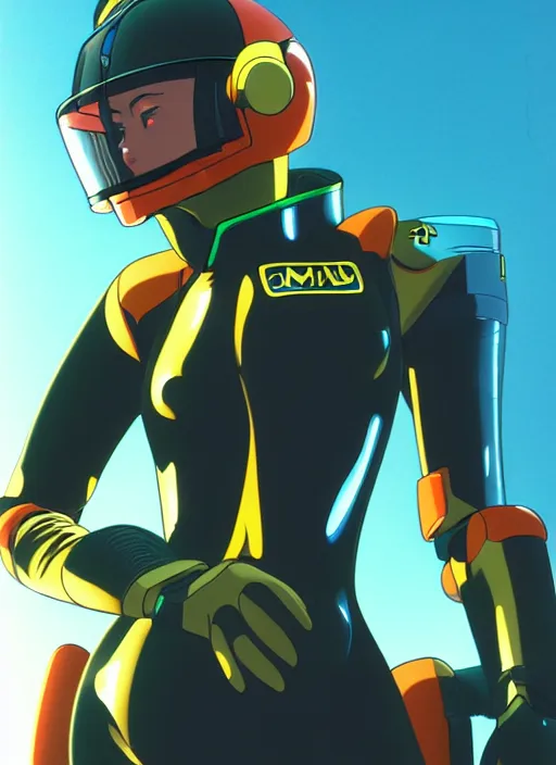 Image similar to Portrait of a female mech pilot in a latex bodysuit, 90s anime, cel-shaded, highly detailed, dramatic background, complementary lighting, poster