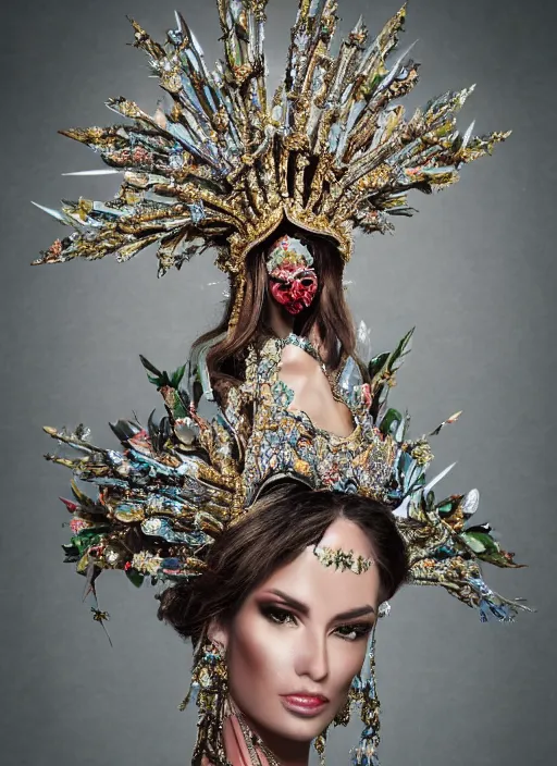 Prompt: full body environmental portrait photo of a miss universe in creative costume, ornate headpiece made from flowers, ornaments, glamour shot by lindsay adler and stefan gesell, photorealistic, canon r 3, fashion photography, hyper maximalist, sharp focus, ornate, elegant, luxury and elite, symmetrical features, octane render, unreal engine, solid dark grey background, dramatic lights