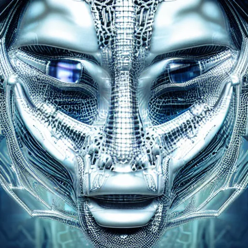 Image similar to an insanely detailed cibernetic artwork of a futuristic artificial intelligence superstar, extremely detailed water texture, centered image, perfectly symmetrical alien face, with frames made of detailed fractals, octane render, 4k, insanely detailed, detailed grid as background, photorealistic digital art, hyper realism, high detail, cgi