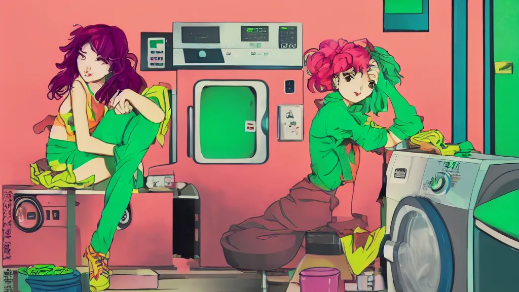 Image similar to a girl with green hair sitting on top of a washing machine in a laundromat in the style of Tsuguharu Fujita, pink yellow red and green