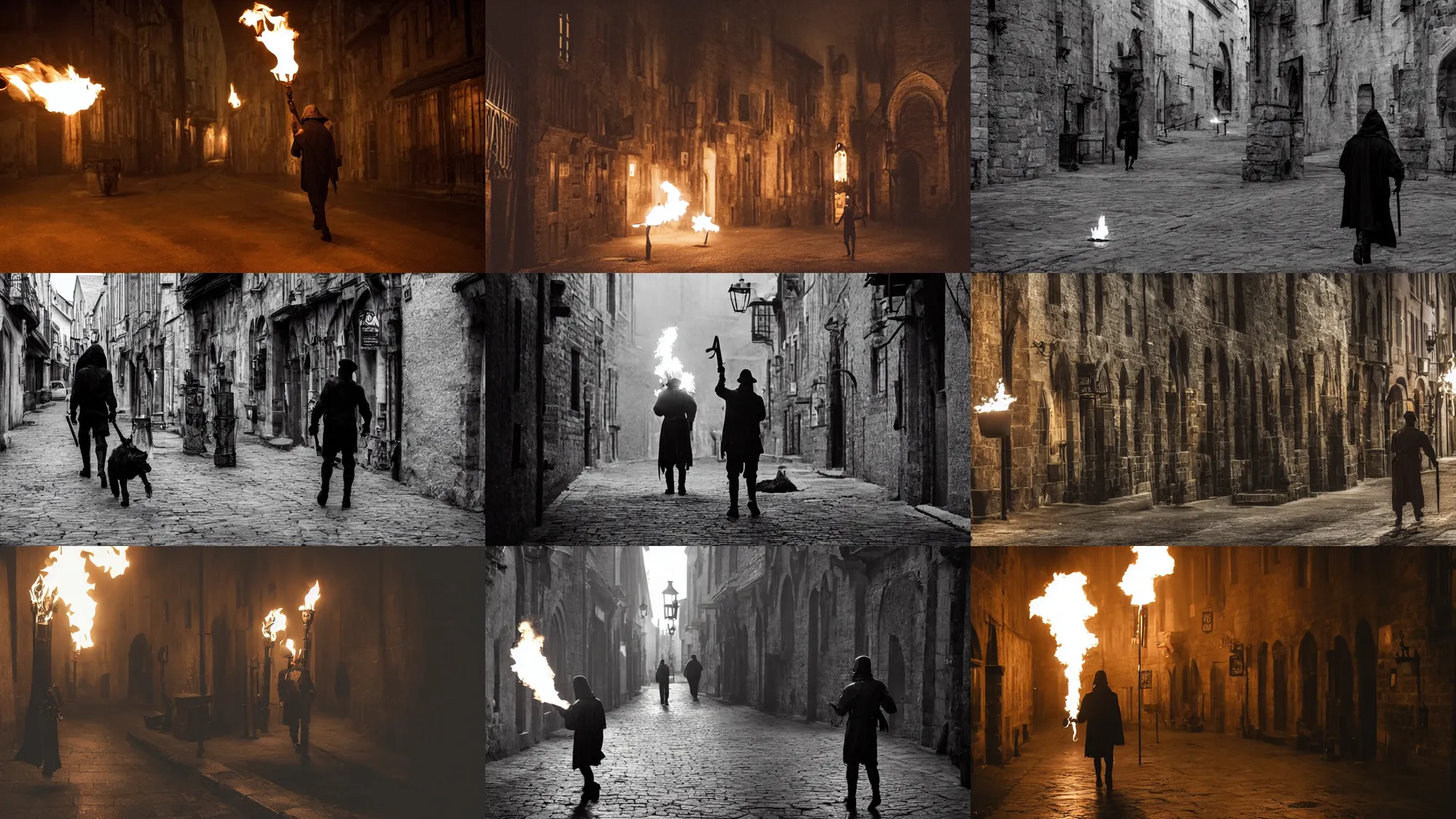 Prompt: A dark creature walks through a medieval city, torches, dark, medieval
