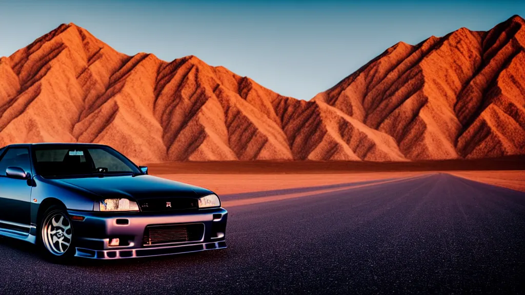 Prompt: three quarter front photo of a stock dark grey nissan r 3 2 skyline gtr on a road in a desert with a mountain in the background in the early morning, car photography, zoom lens, blue hour, photorealistic