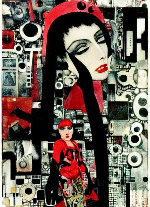 Prompt: cute punk goth fashion fractal alien martian young Debbie Harry wearing kimono made of circuits and leds, surreal Dada collage by Man Ray Kurt Schwitters Hannah Höch Alphonse Mucha, red and black