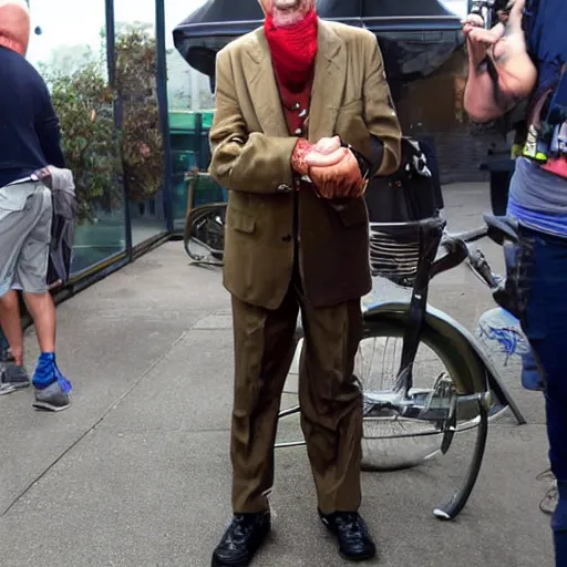 Prompt: bill murray, goofy smile, he is the leader of the rag tag misfit group, northwest coast gloom light, he is in disbelief when his doppelganger arrives, who is this man, monocle, willy wonka - style outfit, paparazzi photo