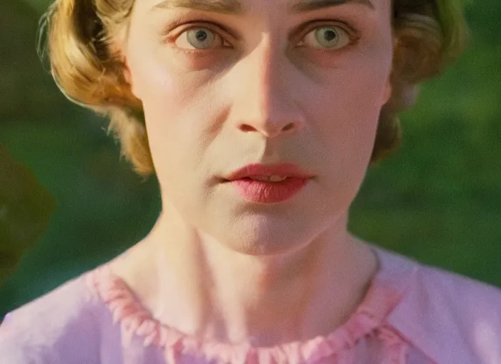 Prompt: cinematic mid shot of a high detail, refined woman's face looking off camera. fine facial features. she stands in an empty, pastel colourful 3 d, forrest scene, by jeffrey smart and gregory crewdson and edward hopper, inspired by the grand budapest hotel