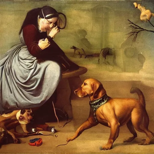 Image similar to A confused dog attempts to program unsuccessfully | renaissance | oil painting | highly detailed | emotional