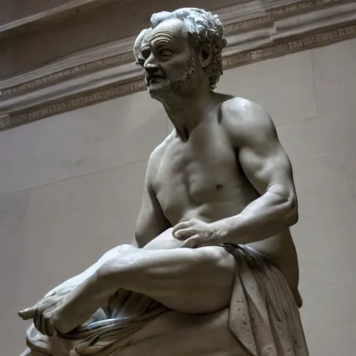 Prompt: bill murray as a marmor statue by michelangelo, church background