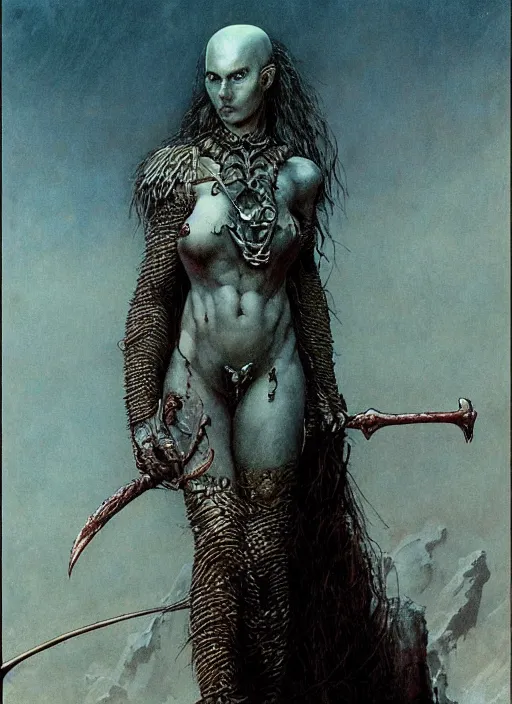 Image similar to bald barbarian girl by Beksinski and Luis Royo