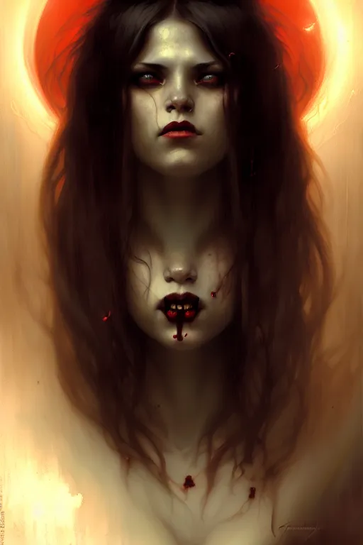 Image similar to young vampire woman portrait by anna podedworna, greg rutkowski, gaston bussiere, simon bisley