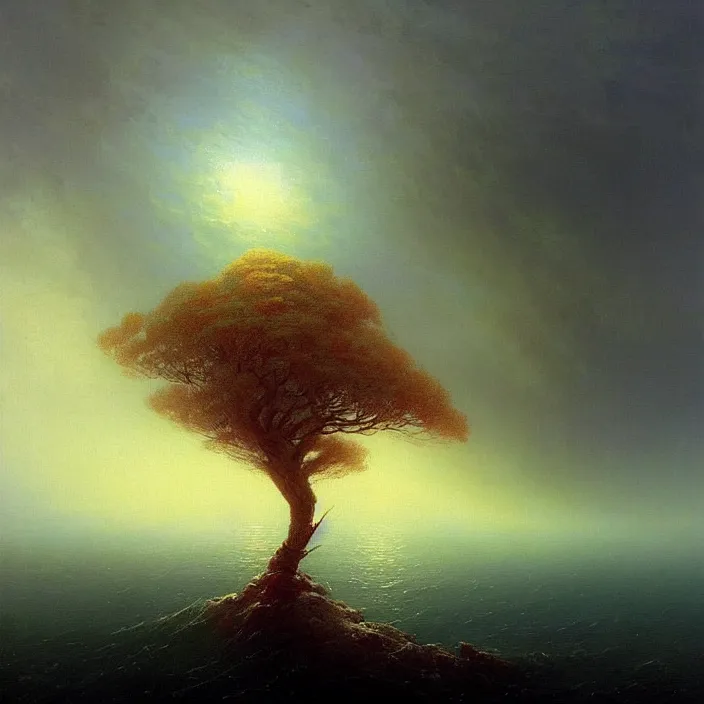 Prompt: A beautiful painting of The World Tree on the Sea by Ivan Aivazovsky and greg rutkowski! and Zdzisław Beksiński!,In style of Impressionism.Highly detailed face.Fantasy,smooth,hyper detailed,sharp focus,Soft light.trending on artstation.oil on canvas