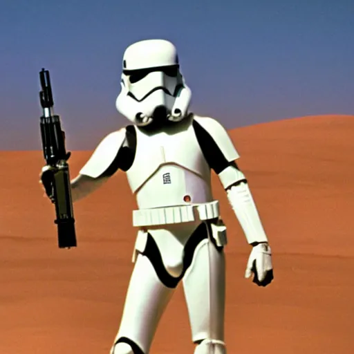 Prompt: flik ( pixar ant character ) cosplay as a star wars stormtrooper hold a blaster, in a still of star wars episode iv a new hope ( 1 9 7 7 ), by george lucas, tatooine dune sea background