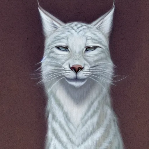 Image similar to sketch of white anthropomorphic lynx cat, portrait by Carlos Shwabe, furry fantasy art, 4k, trending on artstation