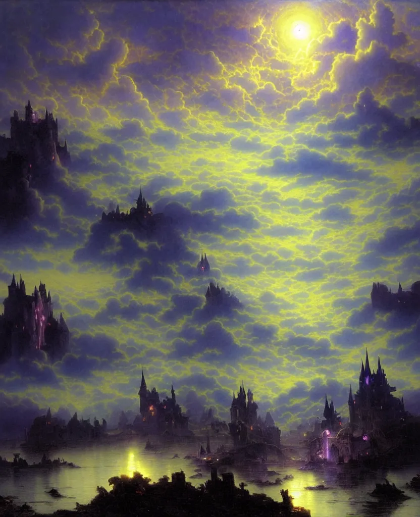 Image similar to beautiful matte airbrush painting of a of a fantasy landscape made of clouds with a european medieval castle made of light in the distance, ispired by gilbert williams, clear painting and good lighting, dark blue and intense purple color palette, mystical fog, art by yoshitaka amano, andreas achenbach, alfons mucha