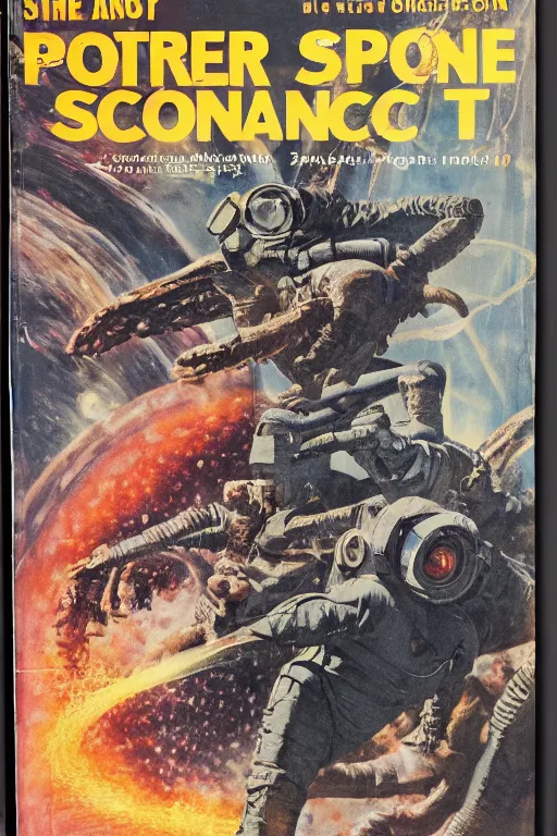 Image similar to photo of poor condition, torn, stained, vintage pulp scifi science fiction magazine cover on a table top, showing men wearing space suits shooting laser beams at a monster on an alien planet, only c 7 5, 4 k, high definition