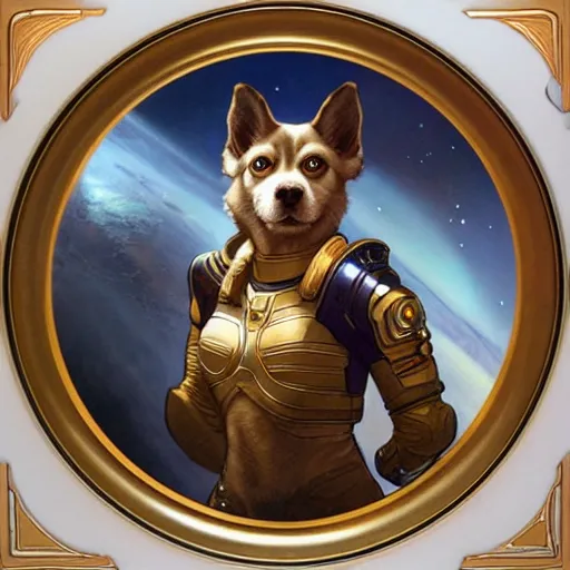 Image similar to realistic heroic picture of Laika the space dog, in a circle frame, art by Artgerm and Greg Rutkowski and Alphonse Mucha