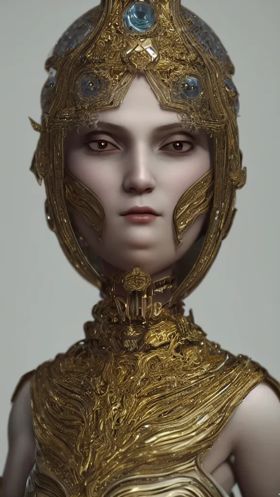 Prompt: ornate porcelain android woman doll, platinum jewellery, intricate gold trimmings, elegant, highly detailed, artstation, concept art, sharp focus, illustration, 3d total, unreal engine, vfx, octane render