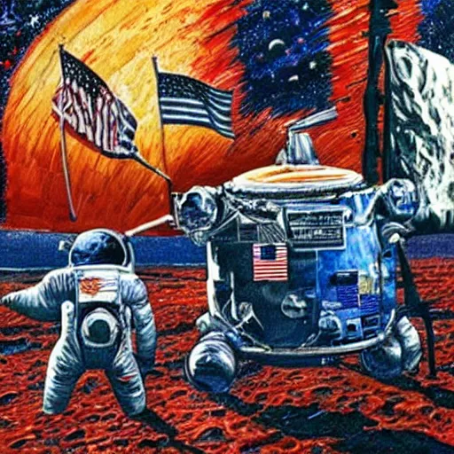 Prompt: American Breakfast in space drawn by Alan Bean