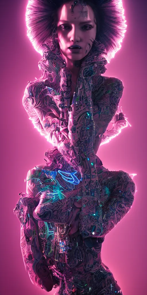 Image similar to hyperrealistic futuristic high fashion photography, girl in studio, full body, vogue magazine, nomad masterpiece, nano parts, neon lights, smoke, eerie music, beautiful intricate face and flawless skin, tribal jewelry, tattoos, perfect hands, head piece, by Edgar Maxence and Ross Tran and Michael Whelan, 8k, octane render