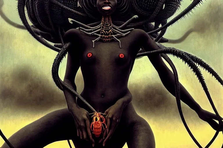 Prompt: realistic detailed closeup portrait movie shot of a beautiful black woman riding a giant spider, dystopian city landscape background by denis villeneuve, amano, yves tanguy, alphonse mucha, max ernst, kehinde wiley, caravaggio, roger dean, cyber necklace, rich moody colours, sci fi patterns, wide angle