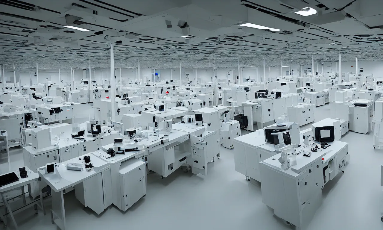 Image similar to inside of secret military laboratory, technology, bright, white, big space, laboratory equipment