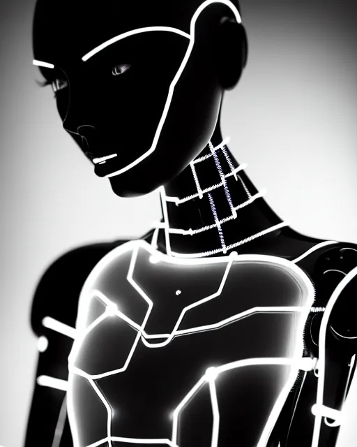 Image similar to black and white dreamy spiritual connected young female robot - cyborg high quality photo, microchip, artificial intelligence, bio - mechanical bio - luminescence, black wired cables, neurons, nerve cells, cinematic, rim light, photo - realistic, elegant, high detail, 8 k, masterpiece, high fashion