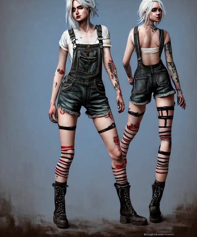 Image similar to full body pose, grungy ciri, torn overalls, short shorts, combat boots, fishnets, beautiful, highly detailed face, true anatomy!, extremely detailed!, digital painting, unreal engine 5, art by tom bagshaw