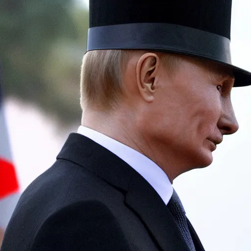 Image similar to putin wearing a black leather hat, frontal view, cool looking