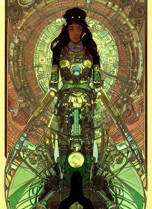 Image similar to portrait of a cyborg warrior girl character sitting on top of a robot dinosaur bird flying in space, epic character with dark skin and beautiful green eyes. the girl has a very beautiful detailed symmetrical face, long black hair. fantasy illustration by mucha