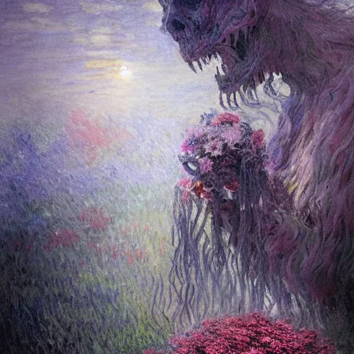 Prompt: a beautiful terrifying monster made of flowers. ethereal horror fantasy art by monet and greg rutkowski