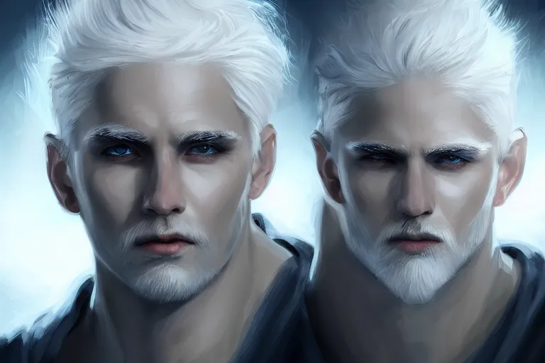 Prompt: « man, white hair, eyes as a flame of fire and out of his mouth came a sharp two - edged sword, grim - lighting, high - contrast, intricate, elegant, highly detailed, digital painting, artstation, concept art, smooth, sharp focus, illustration »