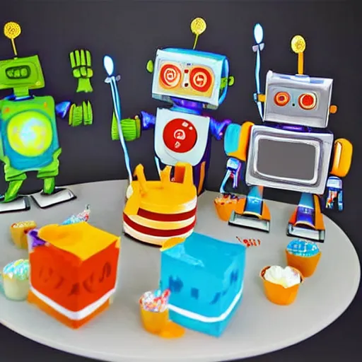 Image similar to three robots having a cool party birthday party, highly detailed