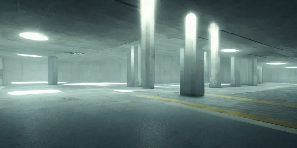 Image similar to underground tunnel, brutalist architecture, sterile, iridescent mist, futuristic hazmats, unknown location, light and shadows, light refraction, 4k, cinematic, unreal engine, concept art