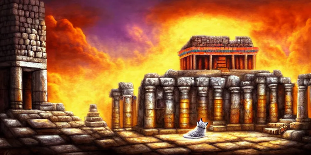 Image similar to illusion painting hidden temple in the clouds : an adorable small fox in the huge ruins of the second temple in jerusalem. a new temple hovers quietly hiding in the dreamy clouds above. a hooded bearded old man in a brown tunic laughing, colorful 8 k, art station, intricate superb details, digital art, illusion painting hidden image.