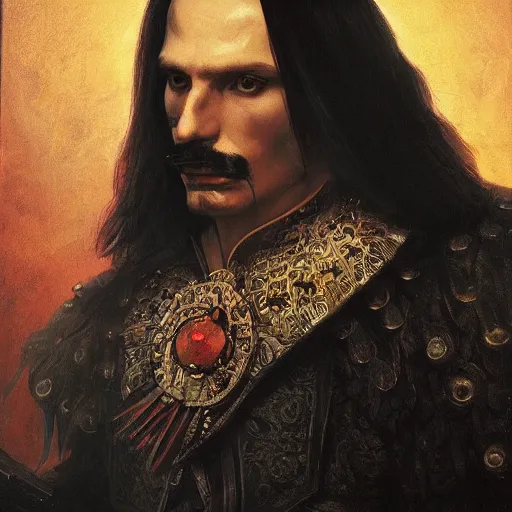 Prompt: portrait of vlad iii, silicone cover, elegant, peaceful, full body, hyper realistic, detailed, dnd character art portrait, fantasy art, intricate fantasy painting, dramatic lighting, vivid colors, deviant art, artstation, by rembrandt and caravaggio and michael whelan and delacroix