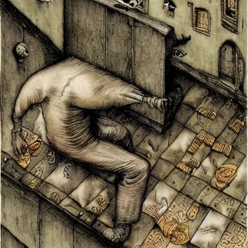 Image similar to the devil does a tap dance, by Santiago Caruso, and M.C. Escher, fairy-tale illustration style, very detailed, colorful, beautiful, eerie, surreal, psychedelic