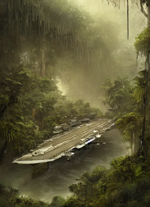 Prompt: decayed aircraft carrier USS Nimitz laying on the ground of a tropical forest overgrown with vegetation and hanging vines, post appocalyptic, by Luis Royo, by Greg Rutkowski, dark, gritty, intricate, cover illustration, concept art, volumetric lighting, volumetric atmosphere, sharp focus, octane render, trending on artstation, 8k