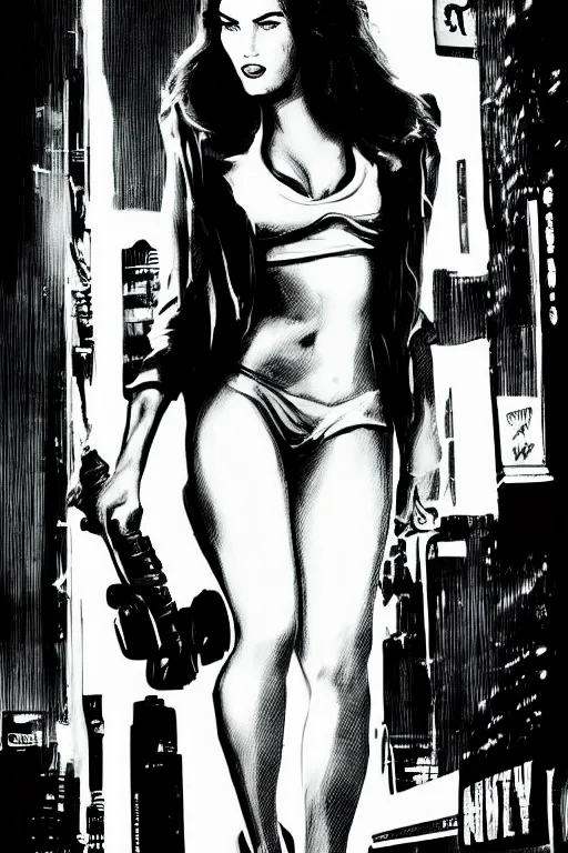 Image similar to film still from sin city, closeup portrait of film noir megan fox private detective, standing on a blade runner street corner, detailed illustration, digital art, trending on artstation, frank miller, martin ansin, movie poster,