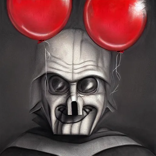 Prompt: surrealism grunge cartoon portrait sketch of darth vader with a wide smile and a red balloon by - michael karcz, loony toons style, freddy krueger style, horror theme, detailed, elegant, intricate