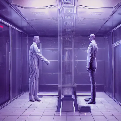 Prompt: Two very highly detailed man in different cryochamber's visualised By Stephen Hickman and Beeple, communicating with each other in unconsciousness dimension visualised by Victor Vasarely. Digital Concept Art rendered in Octane Render, cinematic shot