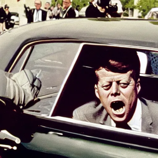 Image similar to realistic photograph of john f. kennedy surviving a sniper shot in his car, 1 9 6 3, pepe the frog among the crowd,