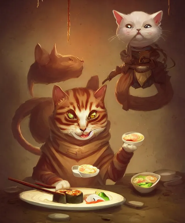 Image similar to a portrait of an anthropomorphic ninja cat eating sushi,, standing in a restaurant surrounded by mice!, cute and adorable, dnd character art portrait, well rendered matte fantasy painting, deviantart artstation, by jason felix by steve argyle by tyler jacobson by peter mohrbacher, cinematic lighting