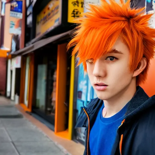 Prompt: orange - haired anime boy, 1 7 - year - old anime boy with wild spiky hair, wearing blue jacket, battle aura, in front of ramen shop, strong lighting, strong shadows, vivid hues, raytracing, sharp details, subsurface scattering, intricate details, hd anime, high - budget anime movie, 2 0 2 1 anime