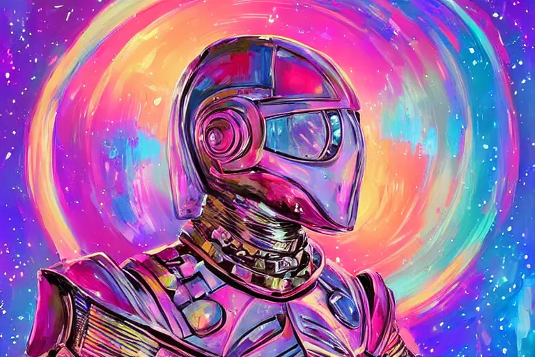 Prompt: digital art of a beautiful princess wearing suit of armor looking up at the stars, acrylic art, universe, painting, pastel colors, synthwave, retro, cyberpunk,