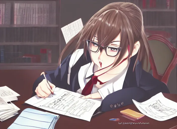 Prompt: secretary doing paperwork, anime fantasy illustration by tomoyuki yamasaki, kyoto studio, madhouse, ufotable, trending on artstation