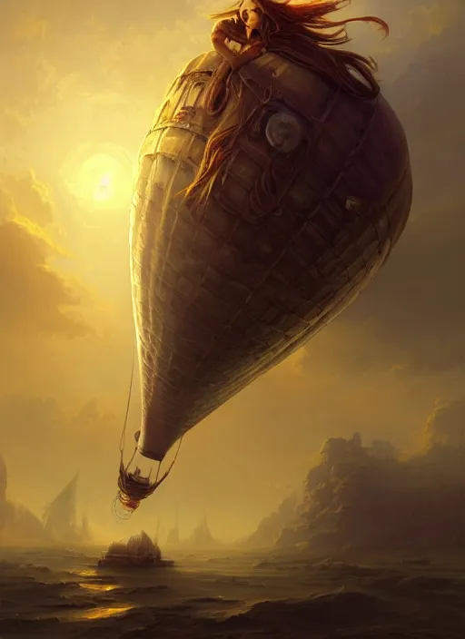 Image similar to portrait painting of a handsome rugged long hair crimson hair male pirate, soft hair steampunk ornate zeppelin blimp airship in the sky sunset golden hour art by raphael lacoste and stephan martiniere greg rutkowski gaston bussiere fantasy soft hair trending on artstation deviantart book cover art concept art key art dramatic volumetric lighting, 4 k, award winning