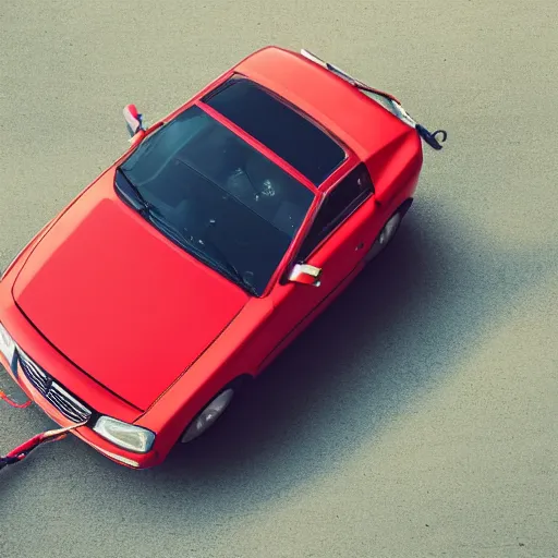 Prompt: a photo of a car's hood with a clear top view of the the car battery with a red jumper cable connected to positive pole of the battery